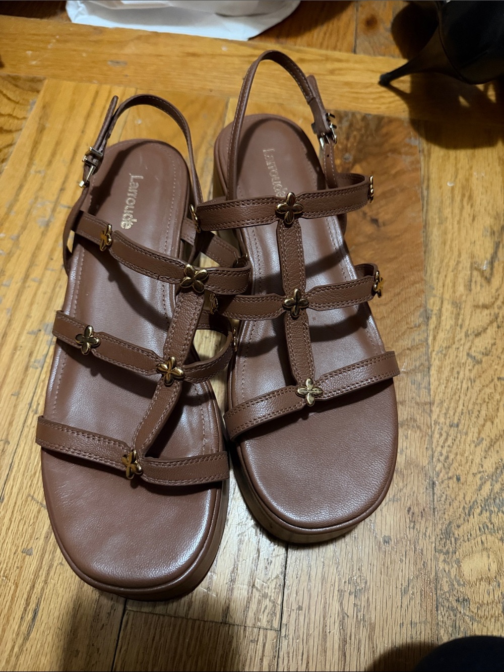 Larroude Brown Floral-Strap Platform Sandals